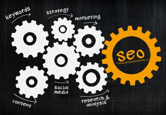 Gears labeled with keywords, strategy, marketing, social media, content, and research & analysis, with a prominent orange gear featuring "SEO," symbolizing interconnected elements of digital marketing strategies.