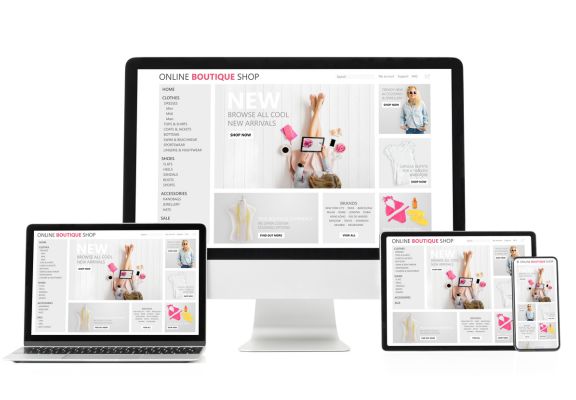 Online boutique shop website displayed on multiple devices, showcasing responsive design with product categories, new arrivals section, and a user-friendly interface for enhanced navigation and shopping experience.