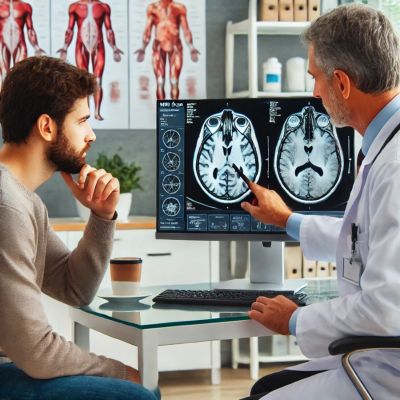 Doctor discussing brain MRI results with patient in a healthcare setting, emphasizing patient engagement and trust in medical consultations.